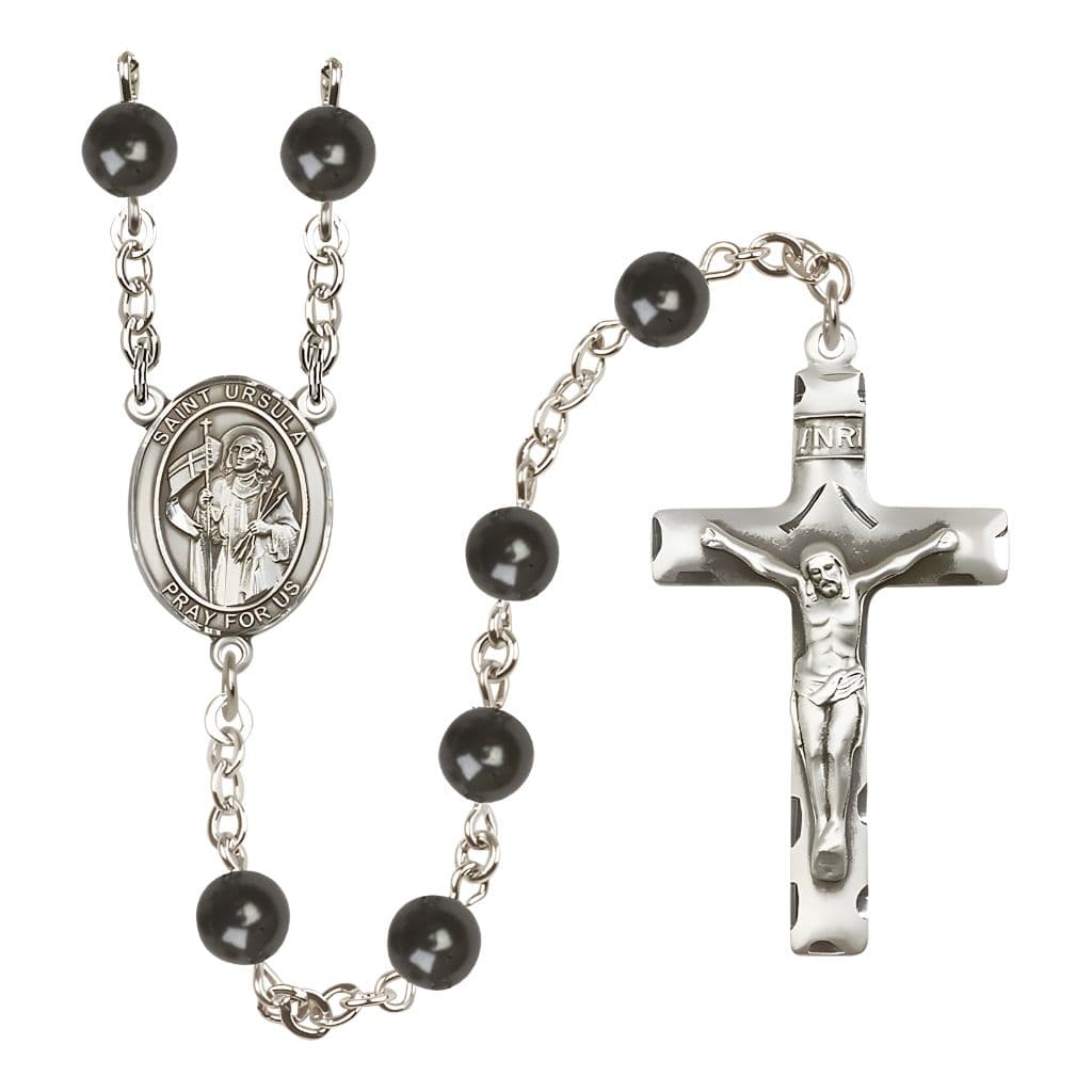 St. Ursula 7mm Black Onyx Bead Catholic Rosary with Pewter Centerpiece and Crucifix, Made in USA by Bliss