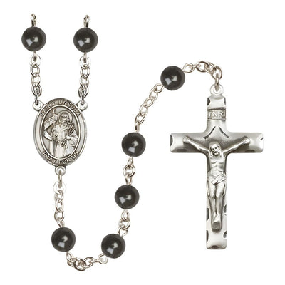 St. Ursula 7mm Black Onyx Bead Catholic Rosary with Pewter Centerpiece and Crucifix, Bliss Manufacturing