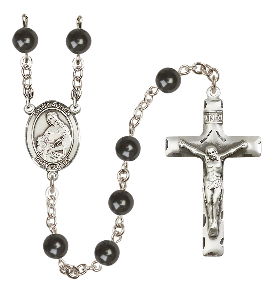 Bliss St Agnes of Rome 7mm Black Bead Silver-Plated Rosary,