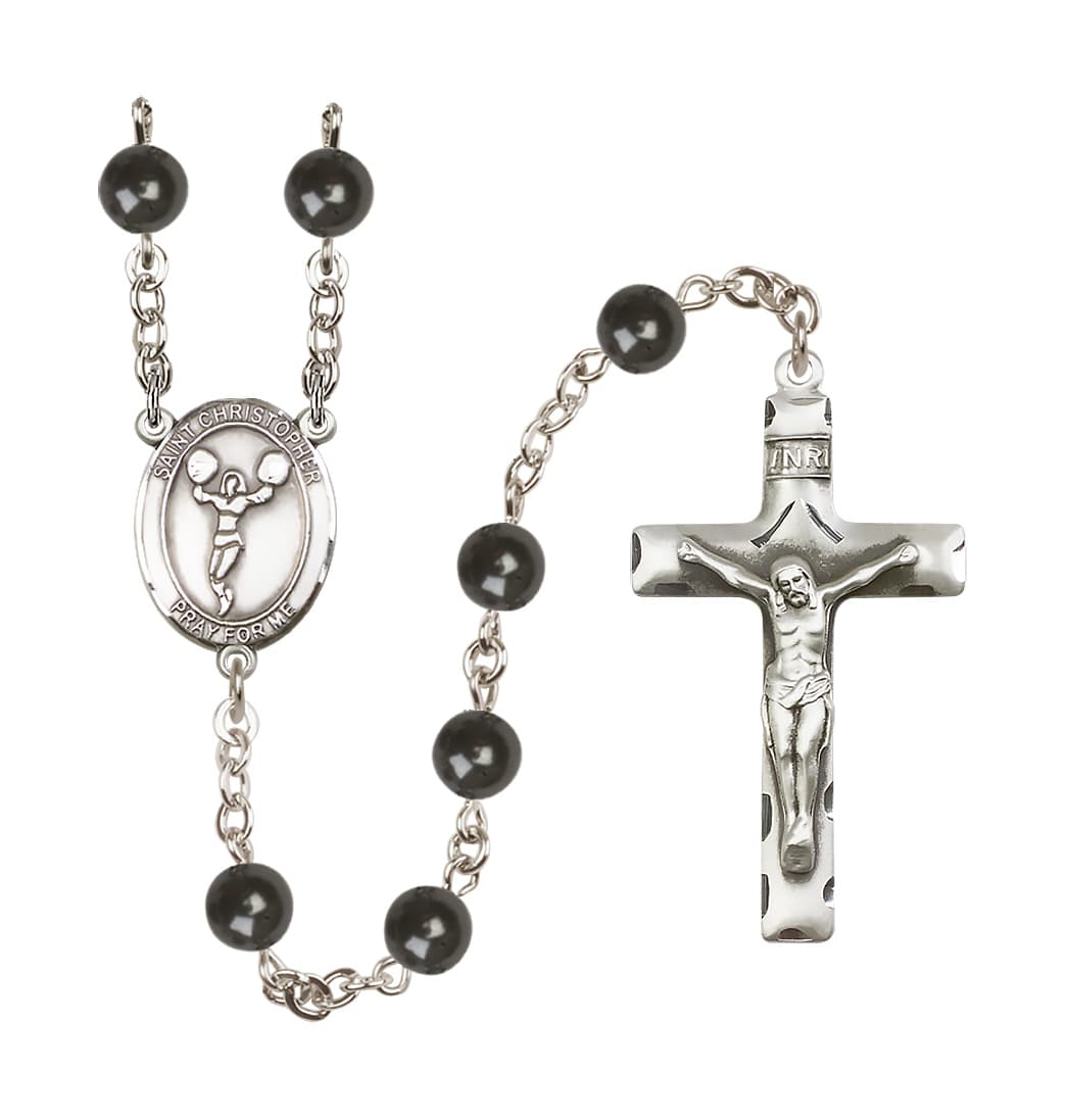 Bliss St Christopher Cheerleading 7mm Round Black Bead Rosary,