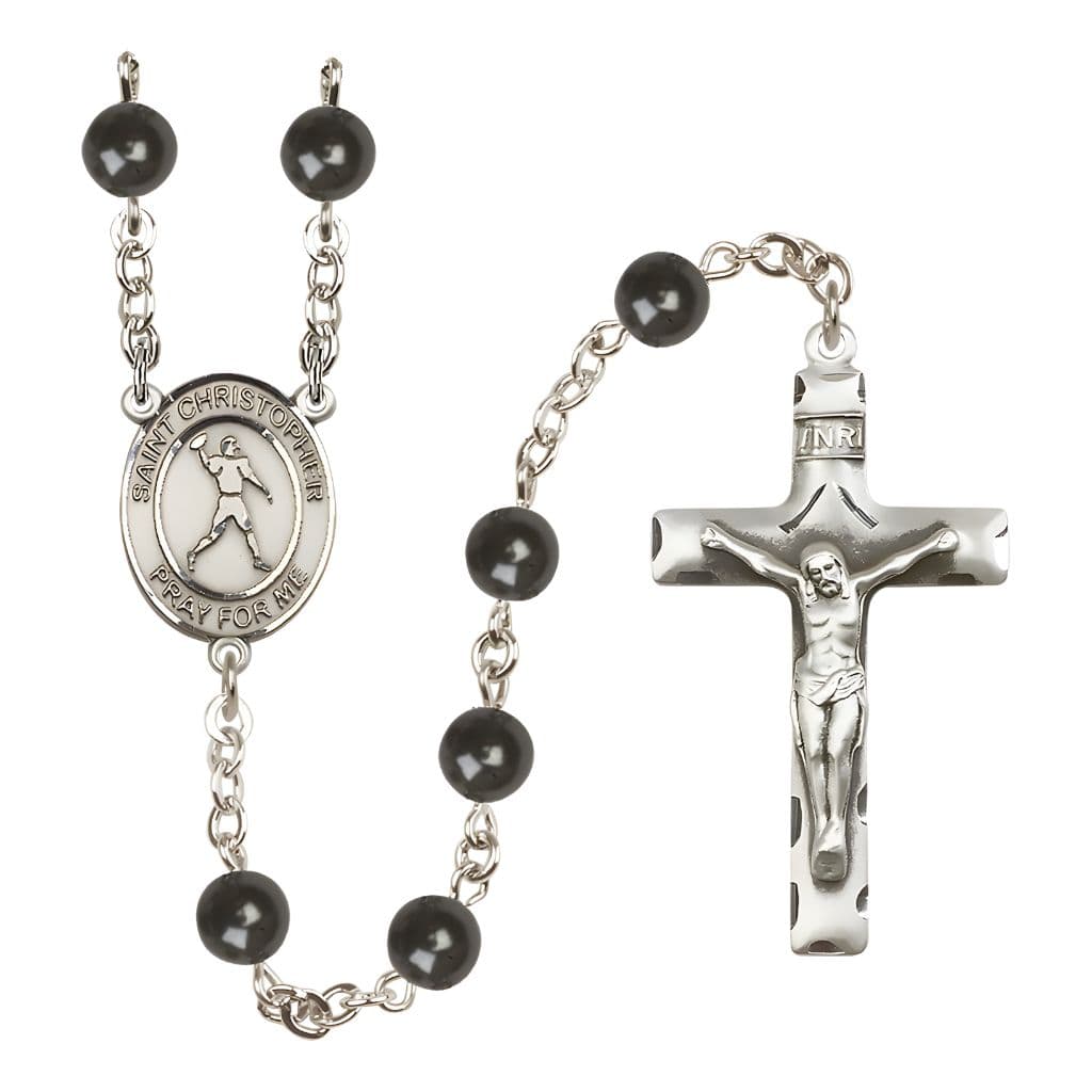 Bliss Football St. Christopher 7mm Black Onyx Bead Catholic Rosary with Pewter Centerpiece and Crucifix