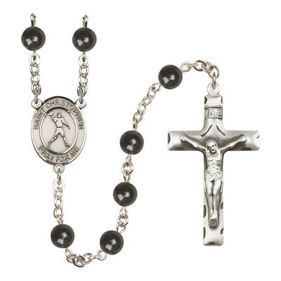 Football St. Christopher 7mm Black Onyx Bead Catholic Rosary with Pewter Centerpiece and Crucifix, Bliss Manufacturing