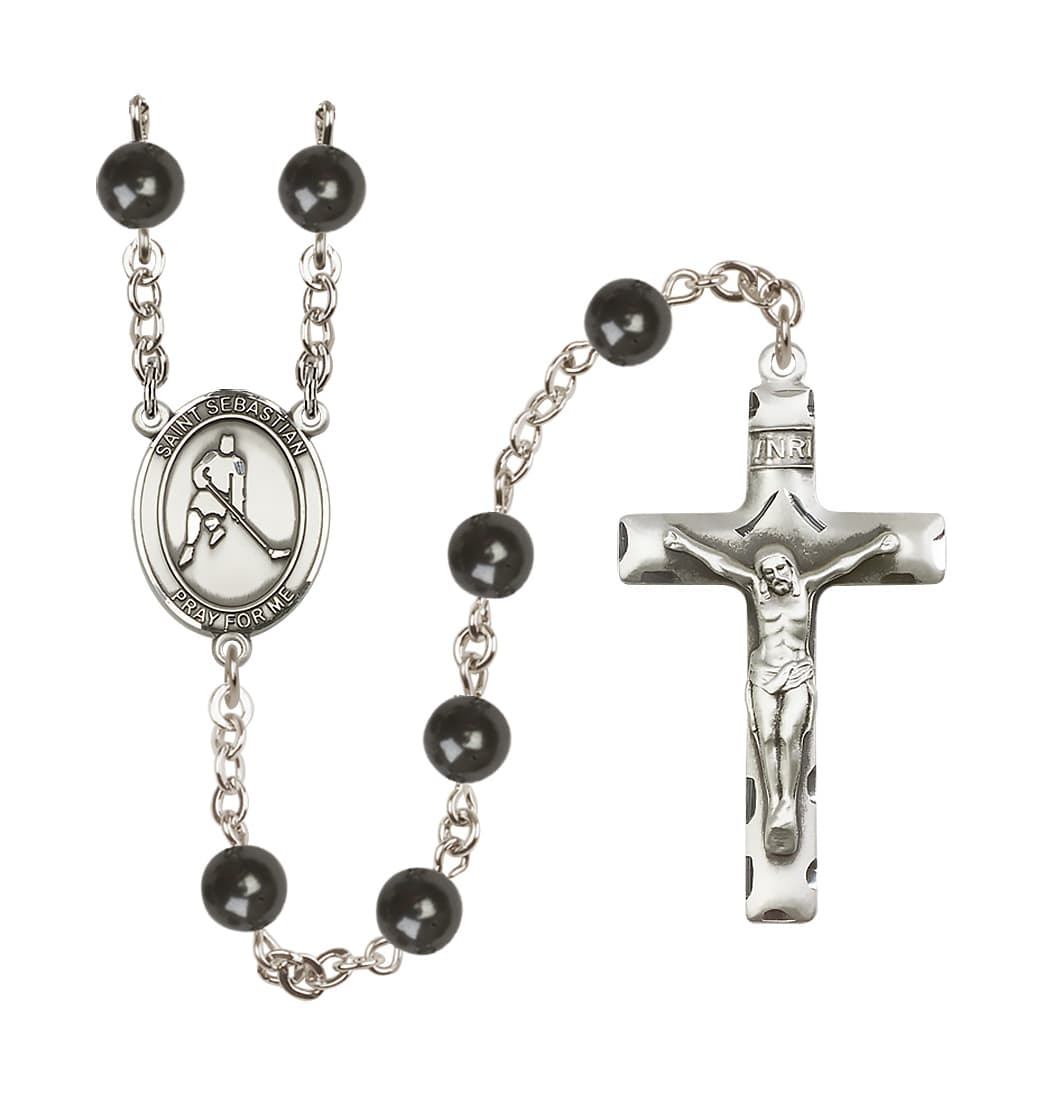 Bliss St Sebastian Ice Hockey 7mm Round Black Bead Rosary,