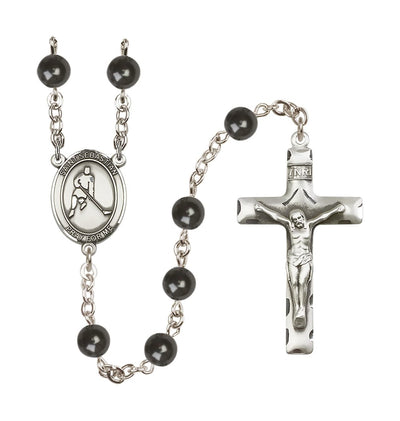 St Sebastian Ice Hockey 7mm Round Black Bead Rosary, Bliss Manufacturing
