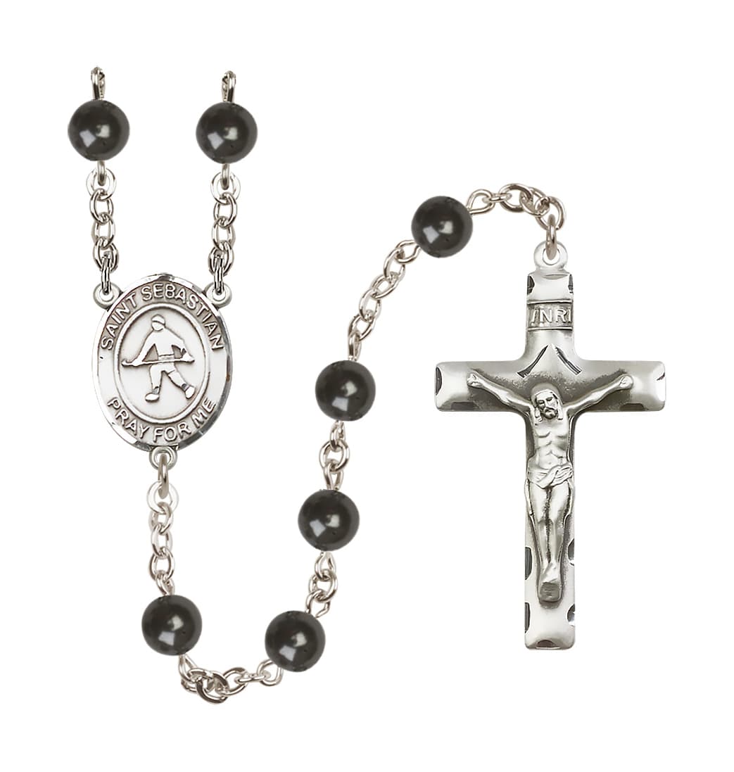 Bliss St Sebastian Field Hockey 7mm Round Black Bead Rosary,