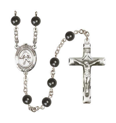 St Sebastian Field Hockey 7mm Round Black Bead Rosary, Bliss Manufacturing