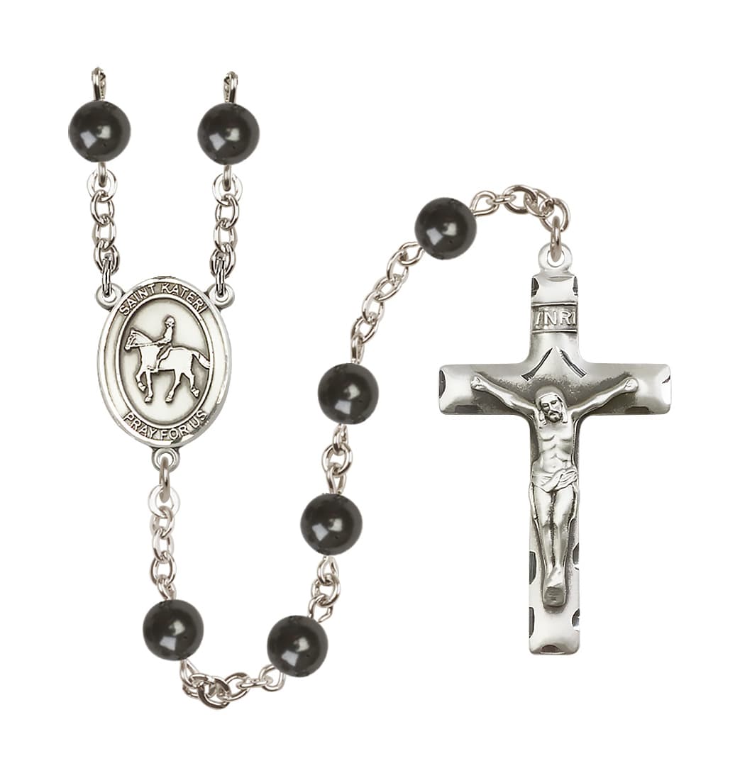 Bliss St Kateri Equestrian 7mm Round Black Onyx Bead Rosary,