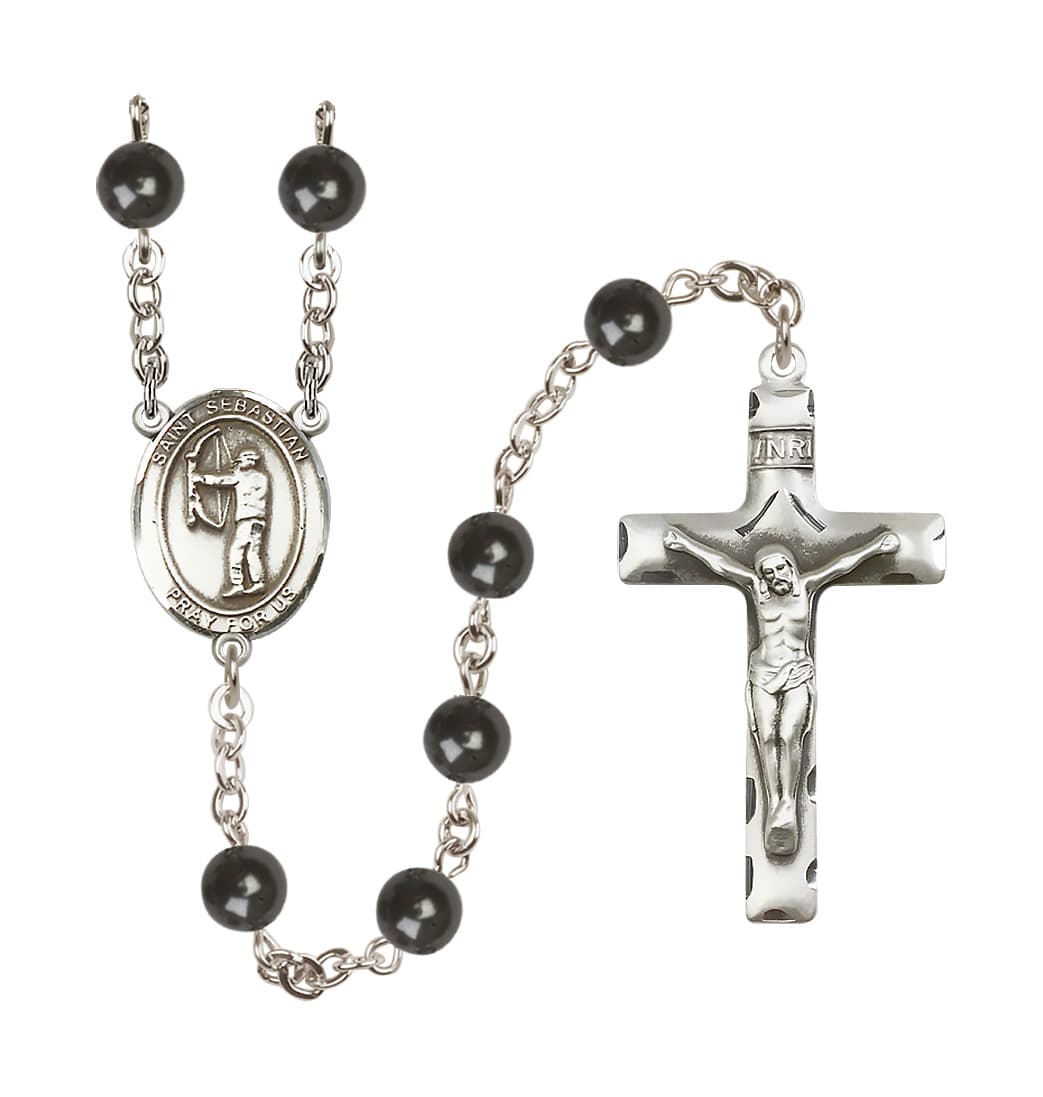 Bliss St Sebastian Archery 7mm Round Black Bead Rosary,