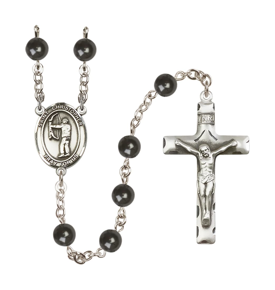 Bliss St Christopher Archery 7mm Round Black Bead Rosary,