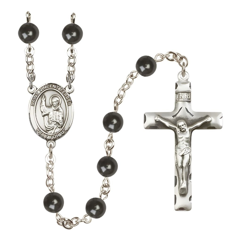 Bliss St. Vincent Ferrer 7mm Black Onyx Bead Catholic Rosary with Pewter Centerpiece and Crucifix