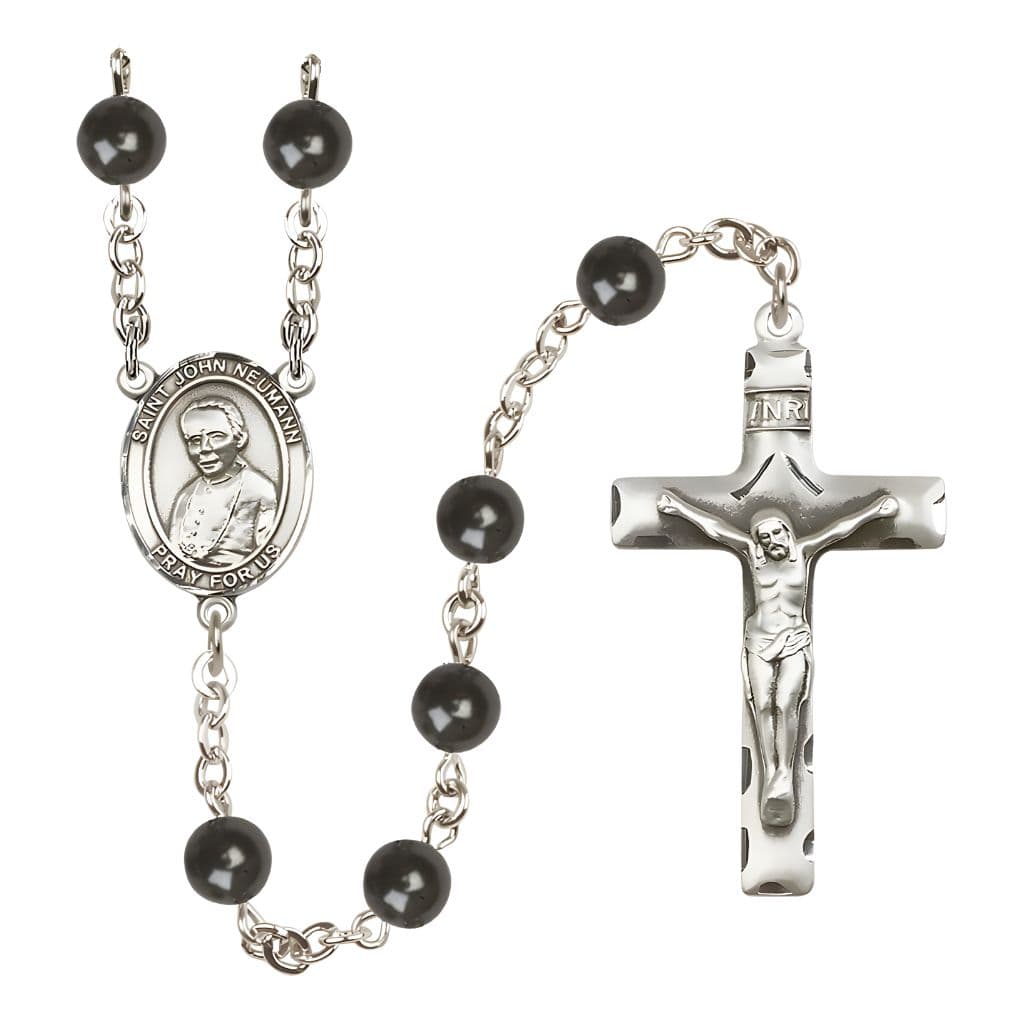 Bliss St. John Neumann 7mm Black Onyx Bead Catholic Rosary with Pewter Centerpiece and Crucifix