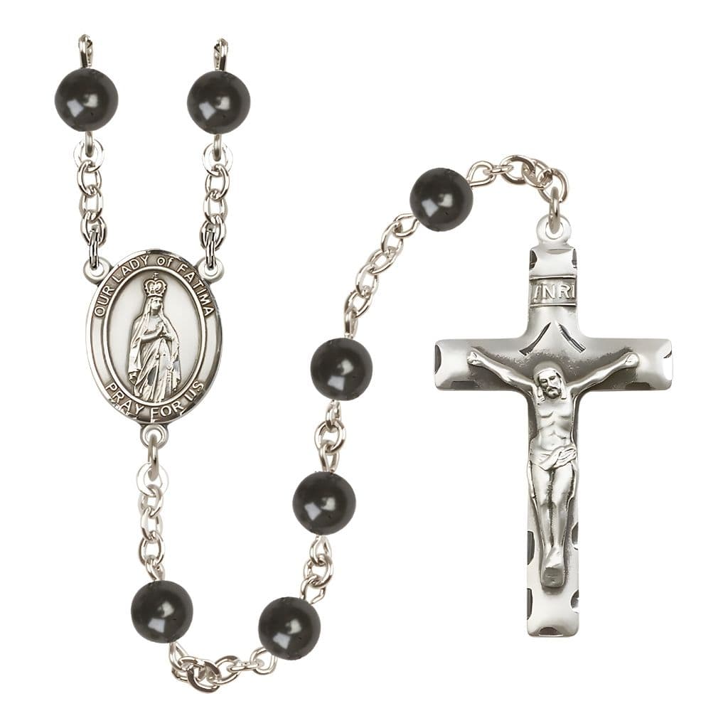 Bliss Our Lady of Fatimas 7mm Black Onyx Bead Rosary with Pewter Centerpiece and Crucifix, Gift Box.