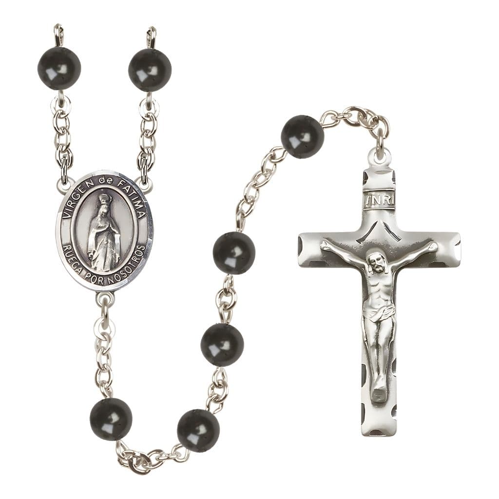 Bliss Spanish Virgen de Fatima 7mm Black Onyx Bead Rosary with Pewter Centerpiece and Crucifix, Gift Box.