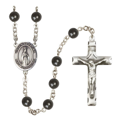 Spanish Virgen de Fatima 7mm Black Onyx Bead Rosary with Pewter Centerpiece and Crucifix, Gift Box, Bliss Manufacturing