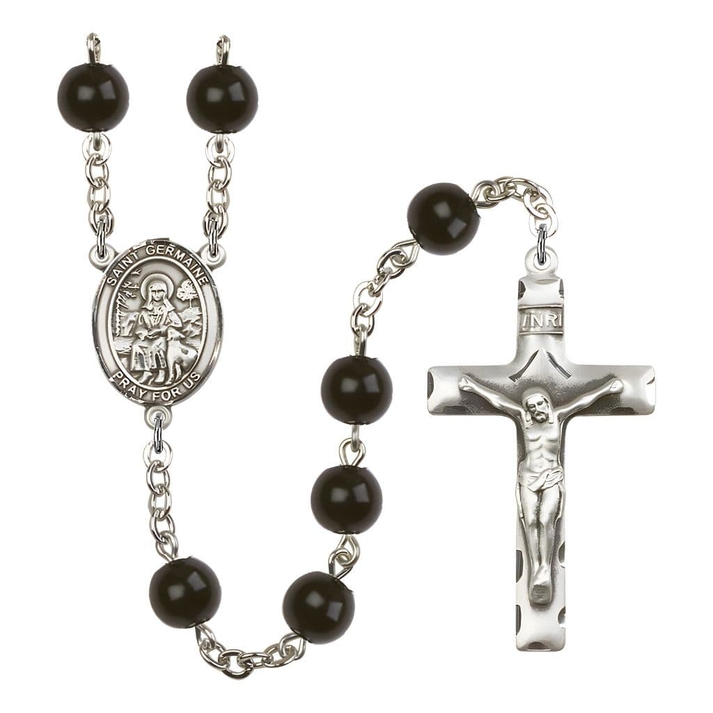 St. Germaine Cousin 7mm Black Onyx Bead Rosary with Pewter Centerpiece and Crucifix, Gift Box.