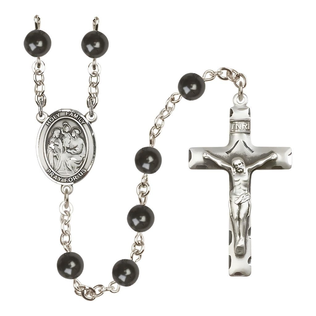 Bliss Holy Family 7mm Black Onyx Bead Silver-Plated Catholic Rosary with Pewter Centerpiece and Crucifix