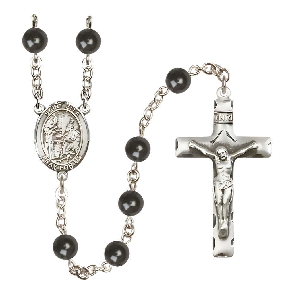 Bliss St. Zita 7mm Black Onyx Bead Silver-plated Rosary with Pewter Center and Crucifix