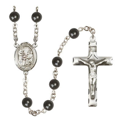 St. Zita 7mm Black Onyx Bead Silver-plated Rosary with Pewter Center and Crucifix, Bliss Manufacturing