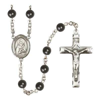 St. Victoria 7mm Black Onyx Bead Catholic Rosary with Pewter Centerpiece and Crucifix, Bliss Manufacturing