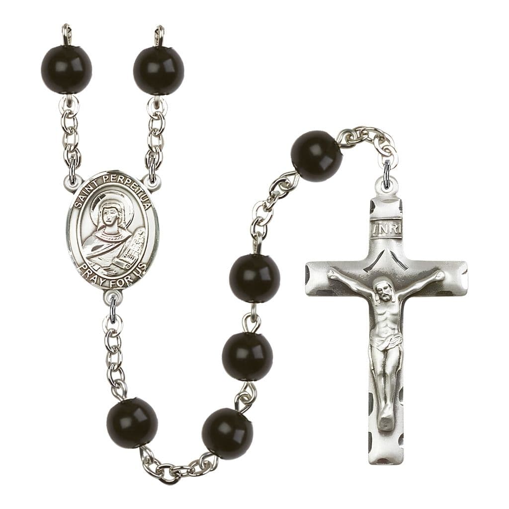 Bliss St. Perpetua 7mm Black Onyx Bead Catholic Rosary with Pewter Centerpiece and Crucifix