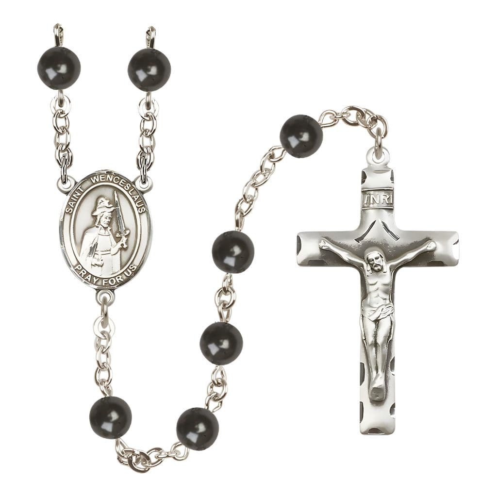 Bliss St. Wenceslaus 7mm Black Onyx Bead Silver-plated Rosary with Pewter Centerpiece and Crucifix