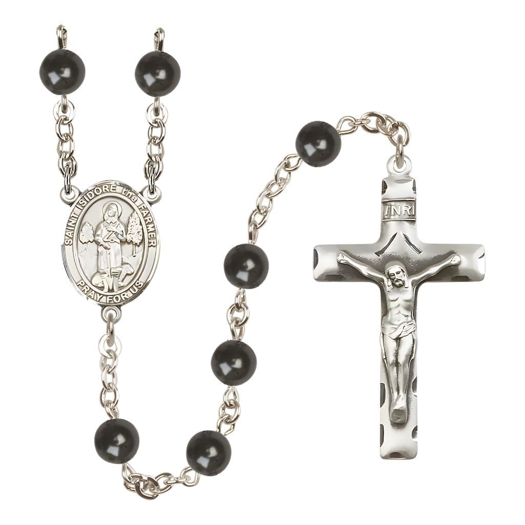 Bliss St. Isidore the Farmer 7mm Black Onyx Bead Rosary with Pewter Centerpiece and Crucifix, Gift Box.