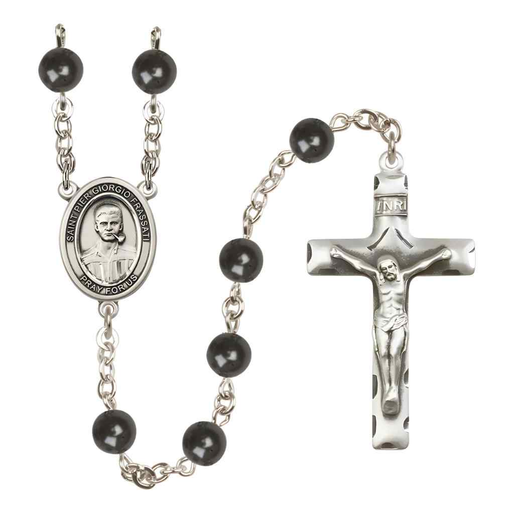 Saint Pier Giorgio Frassati 7mm Black Onyx Bead Rosary with Pewter Centerpiece and Crucifix in Gift Box, Made in USA by Bliss Manufacturing