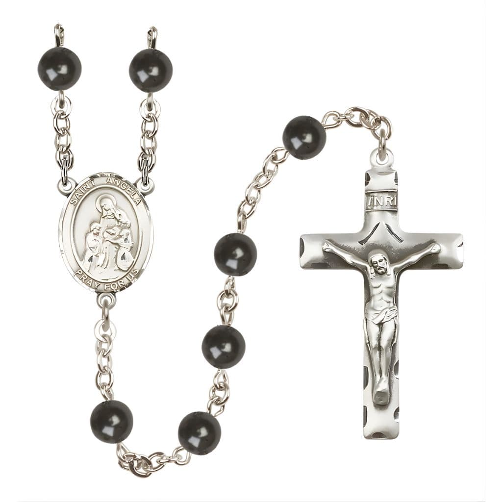 Bliss St. Angela Merici 7mm Black Onyx Bead Catholic Rosary with Pewter Centerpiece and Crucifix