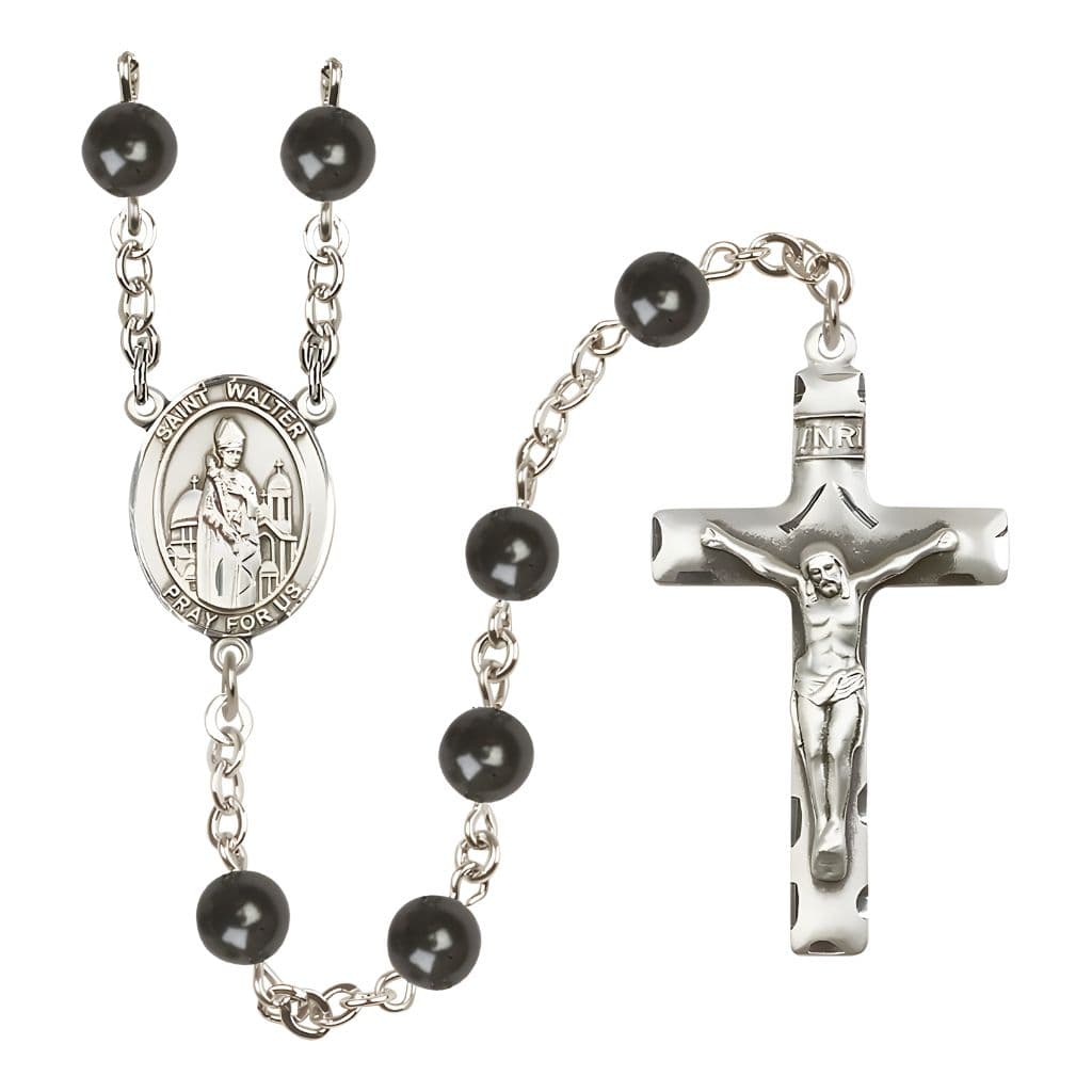 Bliss St. Walter of Pontnoise 7mm Black Onyx Bead Silver-Plated Rosary with Pewter Centerpiece and Crucifix