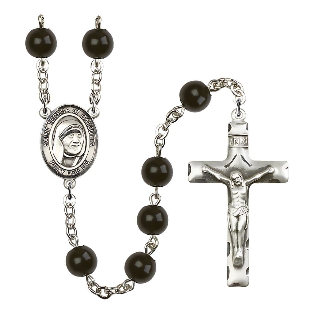 St. Teresa of Calcutta 7mm Black OnyxBead Rosary, Made in USA by Bliss Manufacturing