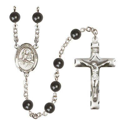 St. Lidwina of Schiedam 7mm Black Onyx Bead Catholic Rosary with Pewter Centerpiece and Crucifix, Bliss Manufacturing
