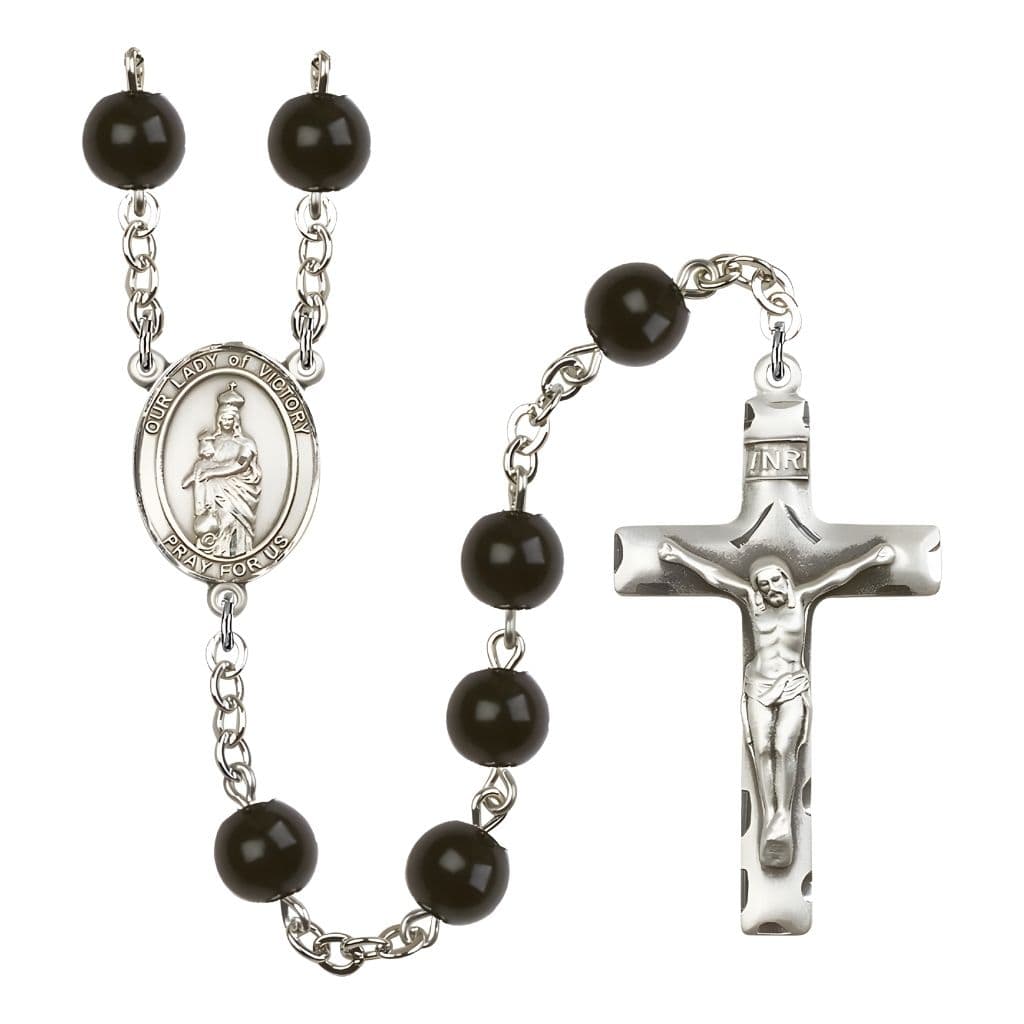 Bliss Catholic Our Lady of Victory 7mm Black Onyx Bead Silver-plated Rosary with Pewter Centerpiece and Crucifix