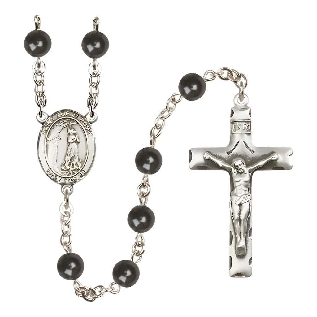 Bliss St. Zoe of Rome 7mm Black Onyx Bead Silver-plated Rosary with Pewter Centerpiece and Crucifix