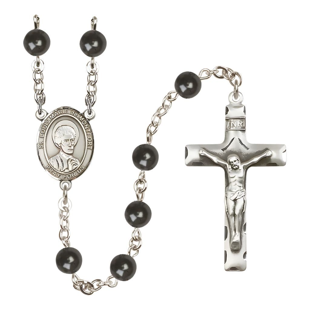 Bliss St. Louis Marie de Montfort 7mm Black Onyx Bead Catholic Rosary with Pewter Centerpiece and Crucifix