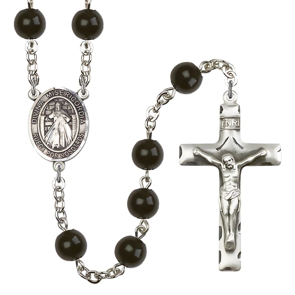 Bliss Spanish Jesus Divine Mercy 7mm Black Onyx Bead Catholic Rosary with Pewter Centerpiece and Crucifix