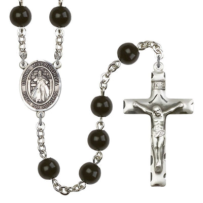 Spanish Jesus Divine Mercy 7mm Black Onyx Bead Catholic Rosary with Pewter Centerpiece and Crucifix, Bliss Manufacturing