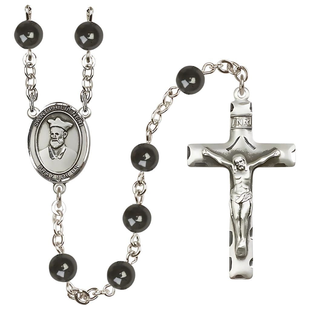 Bliss St. Philip Neri 7mm Black Onyx Bead Rosary with Pewter Centerpiece and Crucifix, Gift Box.