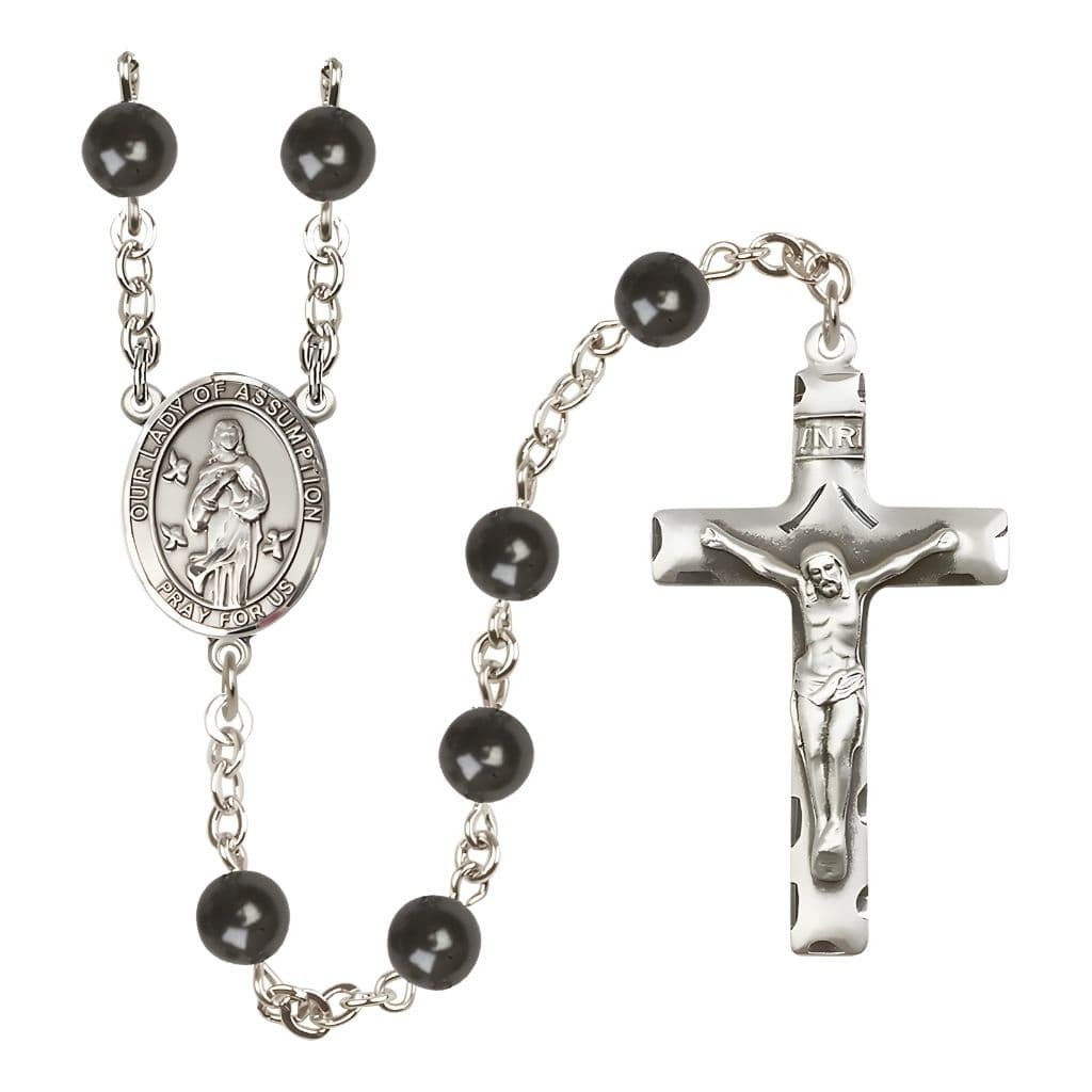 Our Lady of Assumption 7mm Black Onyx Bead Silver-plated Rosary with Pewter Centerpiece and Crucifix