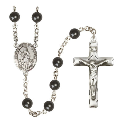 Our Lady of Assumption 7mm Black Onyx Bead Silver-plated Rosary with Pewter Centerpiece and Crucifix, Bliss Manufacturing