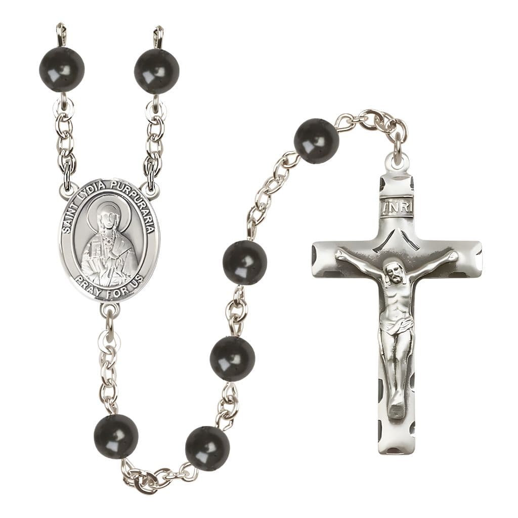 Bliss St. Lydia Purpuraria 7mm Black Onyx Bead Catholic Rosary with Pewter Centerpiece and Crucifix