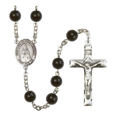 Our Lady of Rosa Mystica 7mm Black Onyx Bead Rosary with Pewter Centerpiece and Crucifix, Gift Box.
