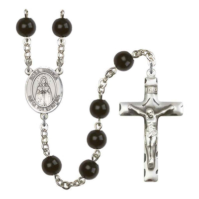 Spanish Rosa Mystica 7mm Black Onyx Bead Rosary with Pewter Centerpiece and Crucifix, Gift Box.