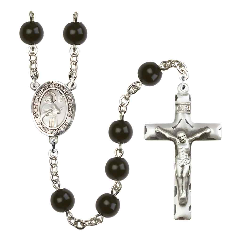 Saint Anthony Mary Claret 7mm Black Onyx Bead Rosary with Pewter Centerpiece and Crucifix in Gift Box, Made in USA by Bliss Manufacturing