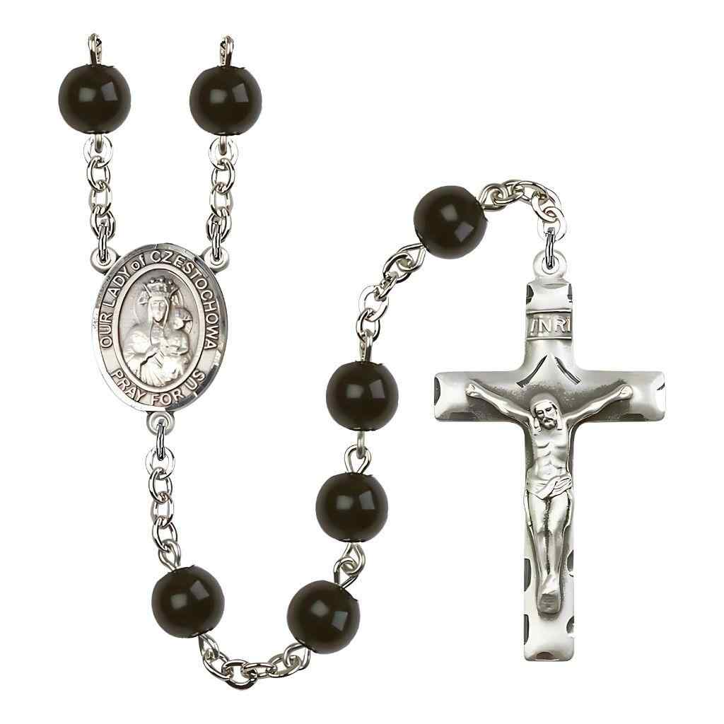 Our Lady of Czestochowa 7mm Black Onyx Bead Silver-plated Rosary with Pewter Centerpiece and Crucifix, Gift Box.