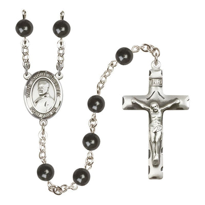 St. Andre Bessette 7mm Black Onyx Bead Catholic Rosary with Pewter Centerpiece and Crucifix, Bliss Manufacturing