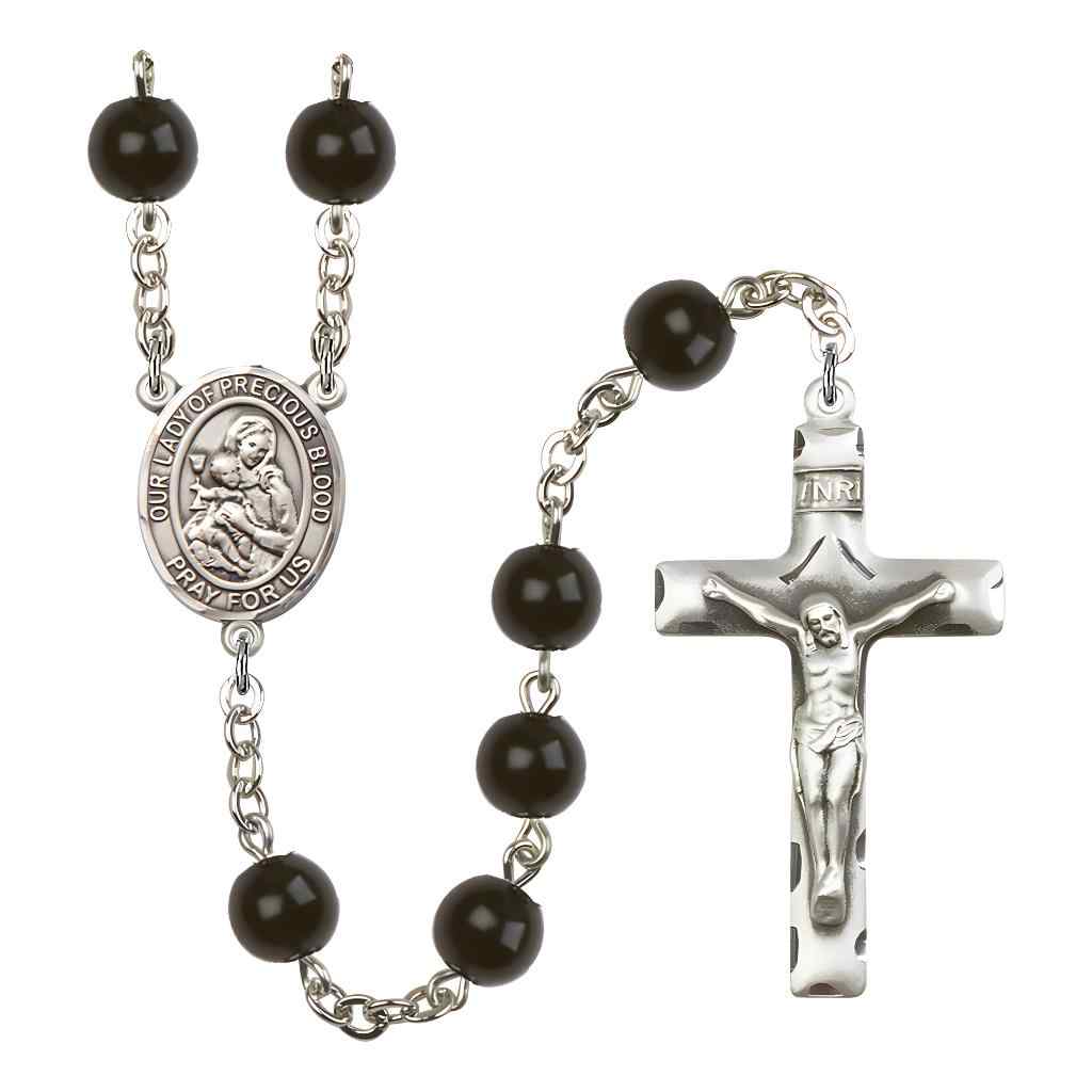 Our Lady of the Precious Blood 7mm Black Onyx Bead Rosary with Pewter Centerpiece and Crucifix, Gift Box.