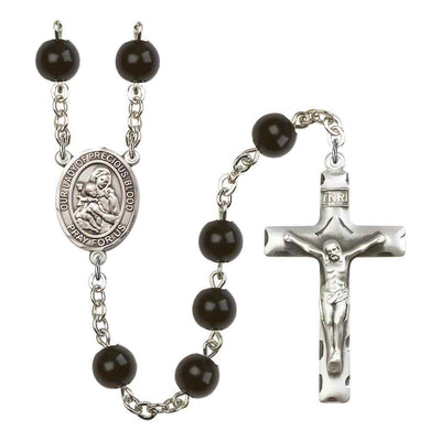 Our Lady of the Precious Blood 7mm Black Onyx Bead Rosary with Pewter Centerpiece and Crucifix, Gift Box.