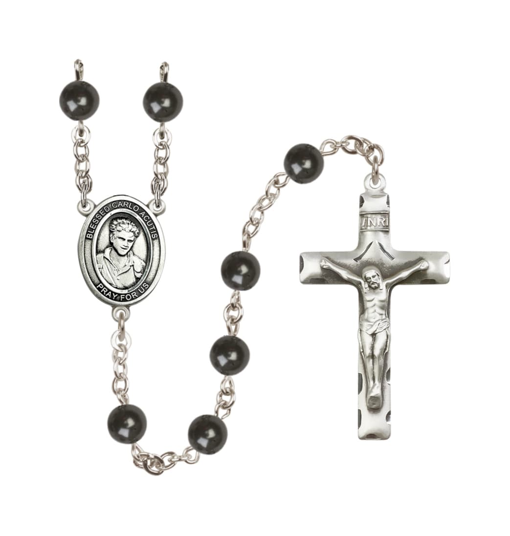 Bliss Blessed Carlo Acutis 7mm Black Bead Silver-Plated Rosary,