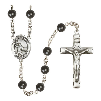 St. Christopher Football 7mm Black Onyx Bead Catholic Rosary with Pewter Centerpiece and Crucifix, Bliss Manufacturing