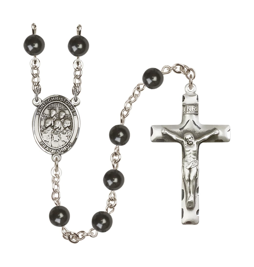 Bliss Manufacturing St Christopher Choir 7mm Round Black Bead Rosary,